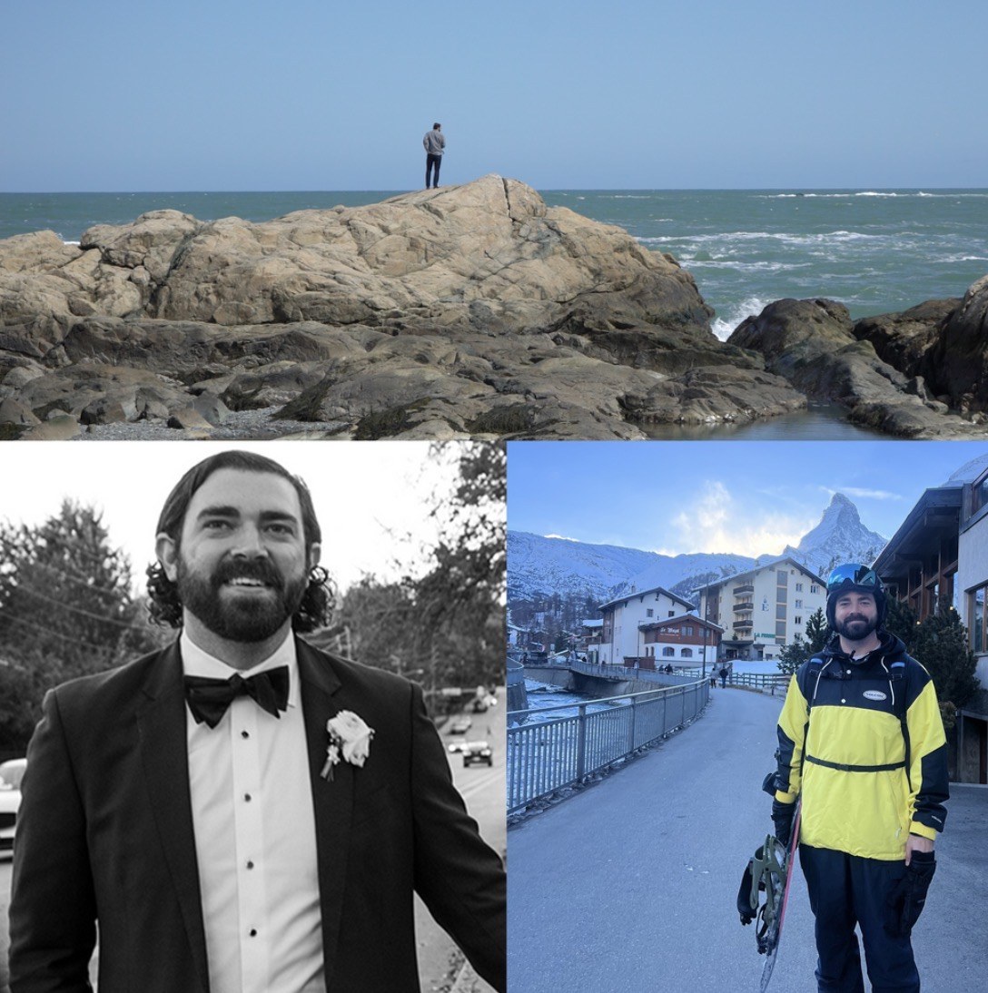 Drew on a rocky coastline, in a tuxedo, and snowboarding in front of the Matterhorn