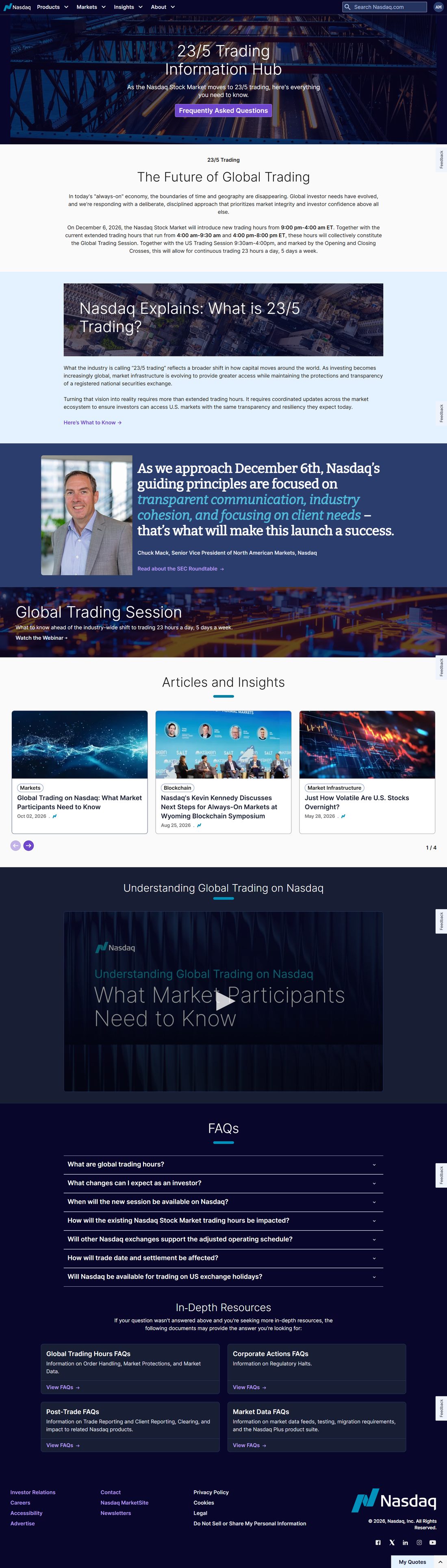 The full Nasdaq 23/5 Trading Information Hub page, from hero to FAQs and resources