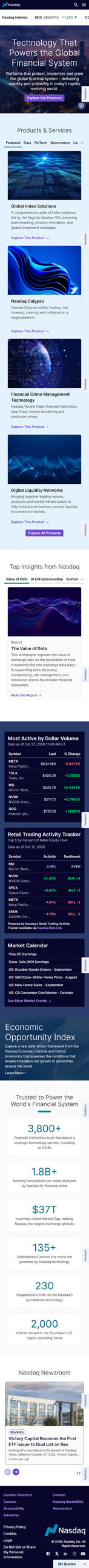 Redesigned Nasdaq.com homepage on mobile