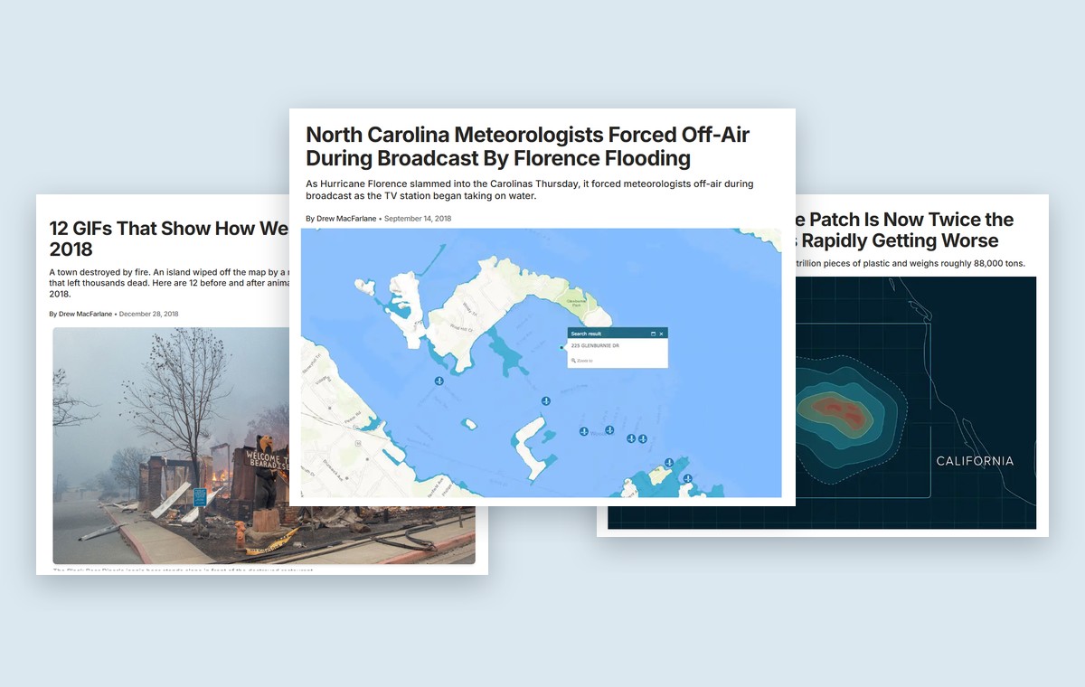 Three weather.com stories by Drew MacFarlane: Hurricane Florence flooding, 2018 weather before-and-after GIFs, and the Great Pacific Garbage Patch