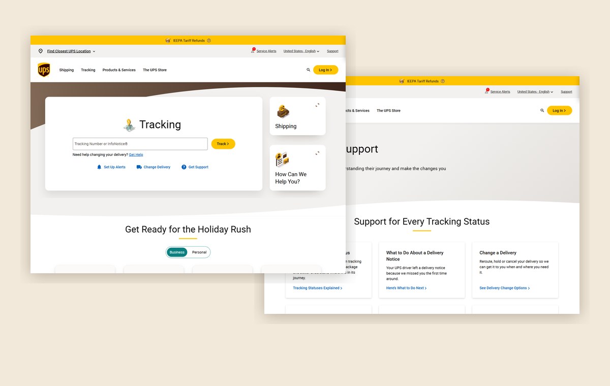 Redesigned UPS.com homepage and tracking support page