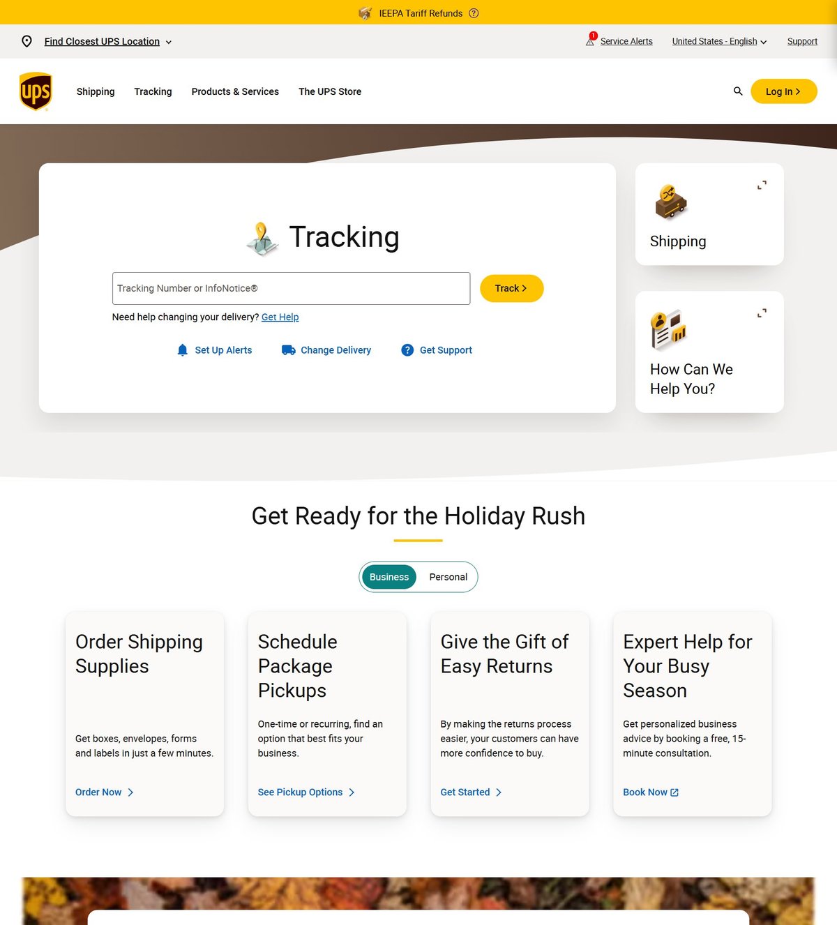 Redesigned UPS.com homepage with tracking front and center