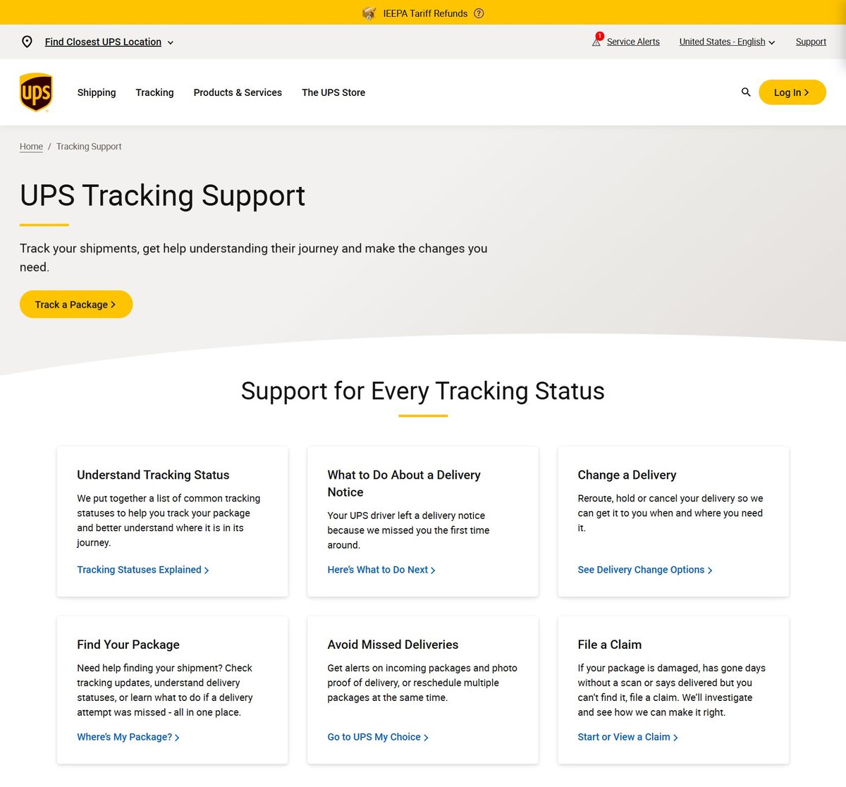 UPS Tracking Support page with cards for each tracking situation