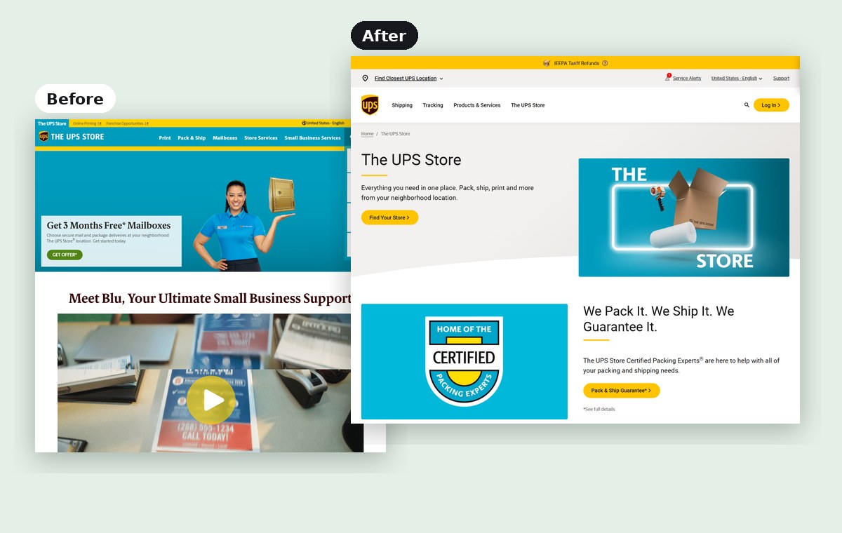 Before: the old standalone The UPS Store site. After: the new microsite inside UPS.com